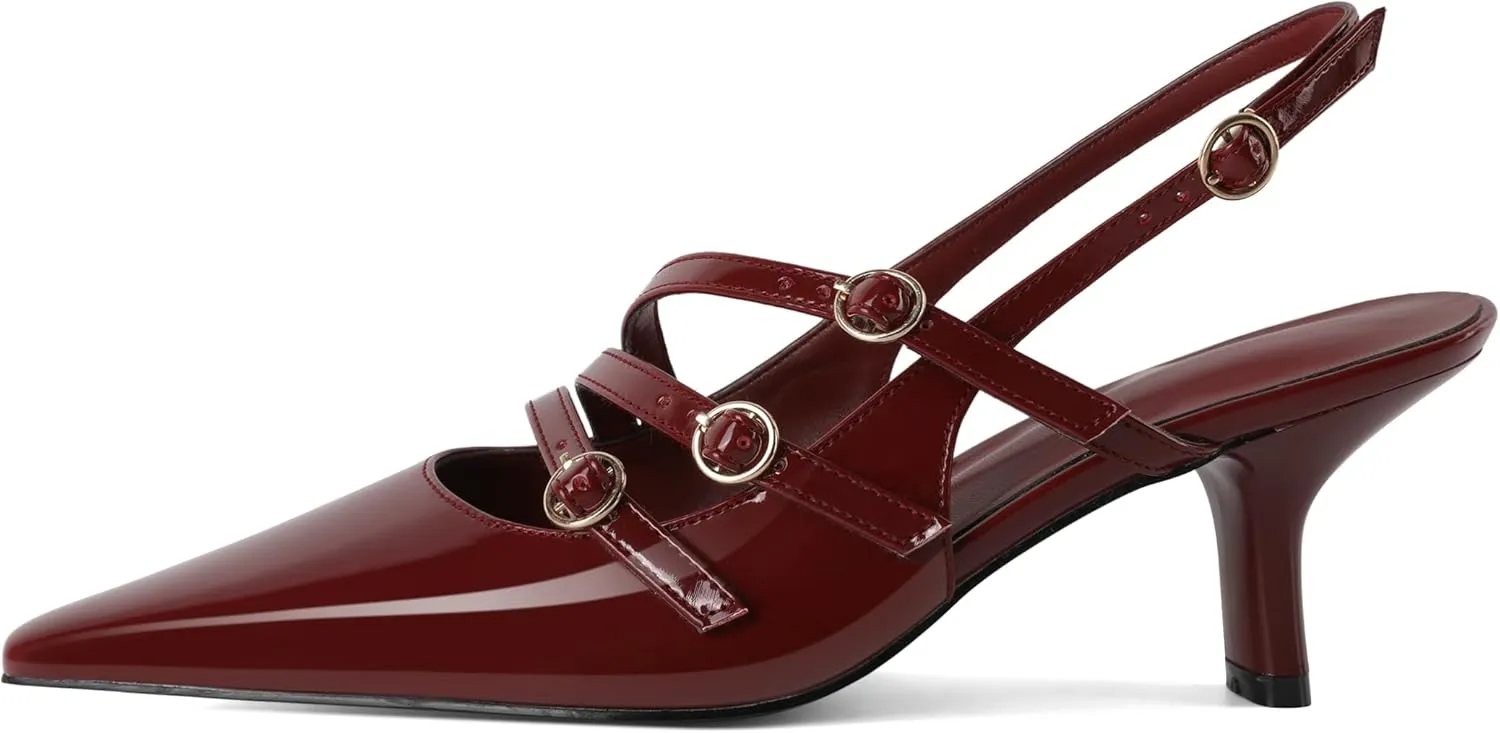 Zamikoo Slingback Heels for Women Buckle Strap Pointed Toe Chunky Block Low Heel Pumps Shoes Dressy 2.5 Inches