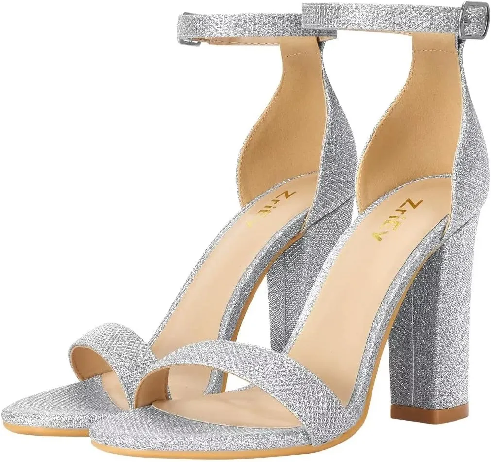 ZriEy Women's Chunky High Heels 4 Inches Block High Heels Open Toe Ankle Strap Sandals Party Wedding Daily Wear Shoes