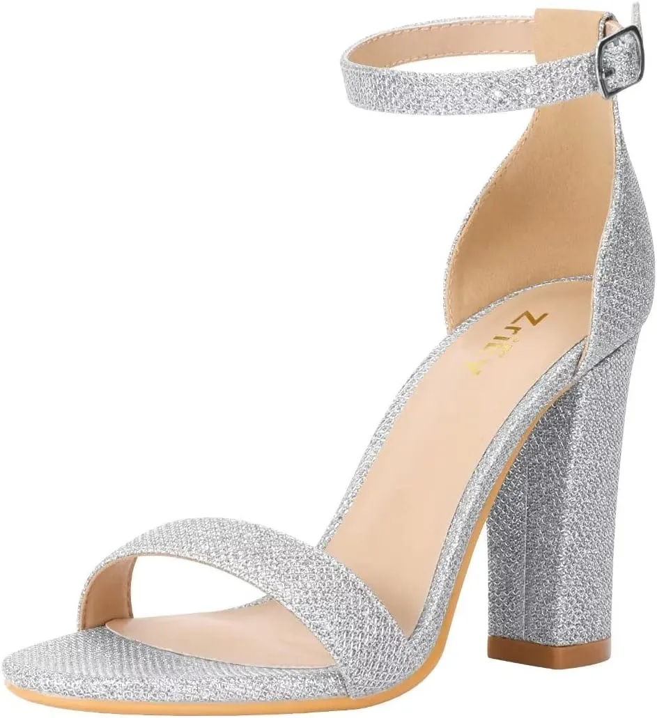 ZriEy Women's Chunky High Heels 4 Inches Block High Heels Open Toe Ankle Strap Sandals Party Wedding Daily Wear Shoes