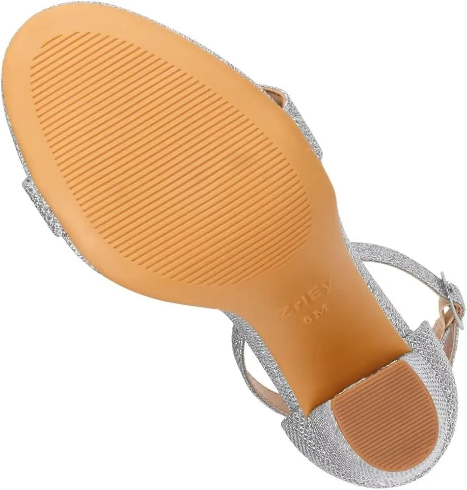 ZriEy Women's Chunky High Heels 4 Inches Block High Heels Open Toe Ankle Strap Sandals Party Wedding Daily Wear Shoes
